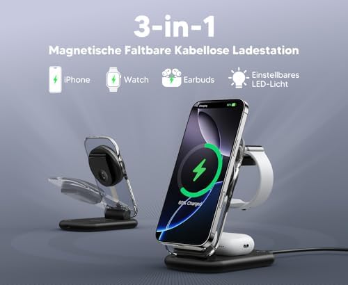 Induktive Ladestation, 3 in 1 Mag Safe Ladestation Kompatibel mit iPhone 17 16 15 14 13 12 Pro Max/Air/Plus/Pro, für Apple Watch10/9,Airpods 3/2/Pro, Faltbar,Carbon Schwarz