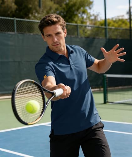 JACKETOWN Men's Polo Shirt Short Sleeve Quick Drying Breathable Tennis Polo Shirt Summer Polo Shirts for Men Button Front T-Shirts Sport Shirt Basic Regular Fit Golf