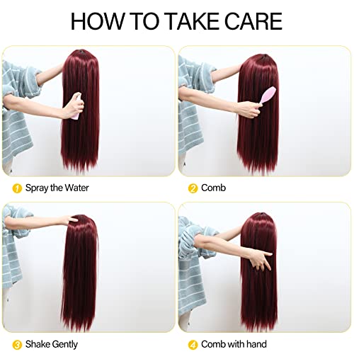 POPTAIYU Burgundy Long Straight Wigs for Women Synthetic Cosplay Full Hair Wigs Middle Parting for Daily Party Use (Burgundy，27.5 inch)
