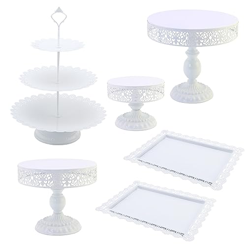 White Dessert Table Display Set 6 Pcs, Gorgeous Metal Round Cake Pop Stand Cupcake Tower Serving Platter for Wedding Birthday Party Baby Shower Afternoon Tea Festival Decor