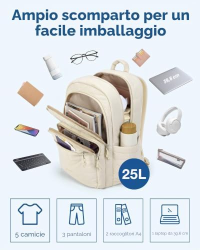 Zaino da donna imbottito, impermeabile, per computer portatile da 15,6 pollici, viaggi universitari, Beige, M
