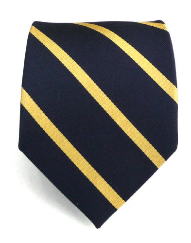 THE TIE BAR 100% WOVEN SILK MIDNIGHT NAVY AND GOLD TRAD STRIPED TIE