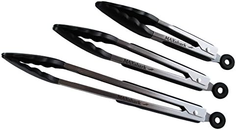 MAXshark kitchen tongs set of 3 - 7,9,12 inch. Stainless Steel, Black, Non-Stick, Heat Resistant, Food Kitchen Tongs for Barbecue, Grilling, Frying, Cooking, Serving with Silicone Tips