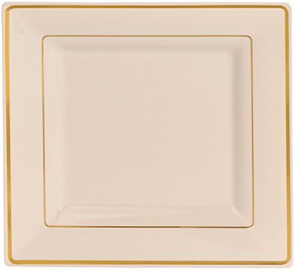 Premium Square Off-White Ivory and Gold Rim Disposable Plastic Plates For Wedding and Party Pack of 20 – 10 (9.5 inch) Dinner Plates and 10 (6.5 inch) Cake and Salad/Dessert plates