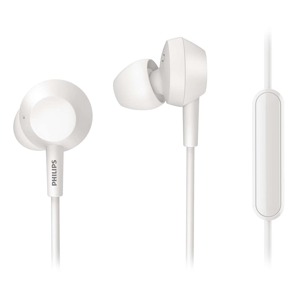 Philips Earphones E4105WT/00 with Microphone (BASS+, Built-In Remote Control, 10-mm Neodymium Driver, 3 Interchangeable Ear Caps, 1.2-m Cable), White – 2020/2021 Model