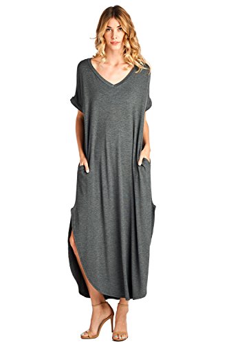 12 ami solid v-neck pocket loose maxi dress charcoal s