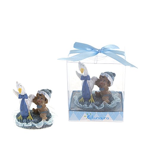 Lunaura Baby Keepsake - Set of 12 "Boy" Black Ethnic Baby Playing with Stork Favors - Blue