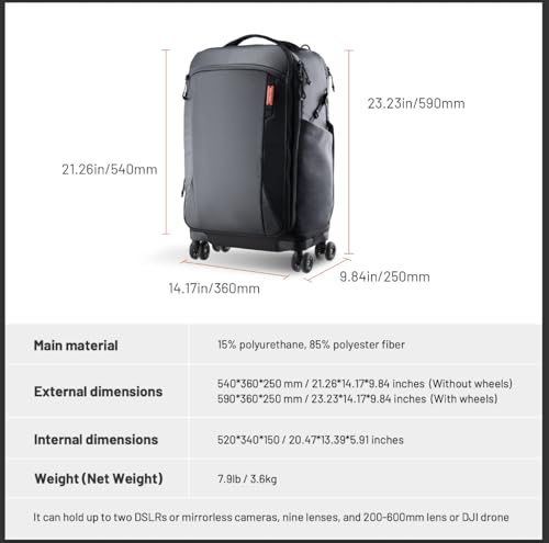 PGYTECH 2 in 1 Wheeled Photography Backpack, Trolley for Camera/Tripod Camera, Professional/Reflex/Mirrorless/Travel, Suitcase and Rainproof Compatible with 17 Inch Laptop
