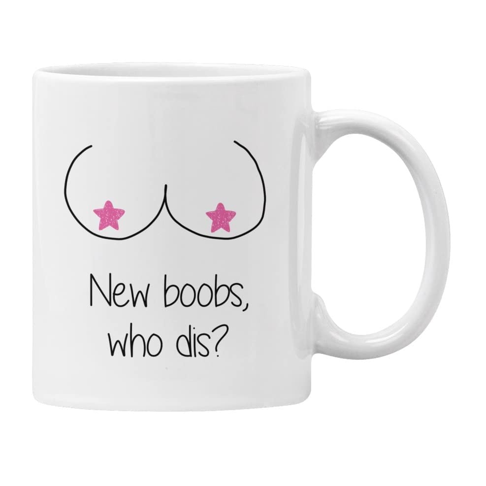Plumfoolery New Boobs, Who dis? Boob Job Mug Gift Post Surgery, Funny Breast Cancer Cup (White)