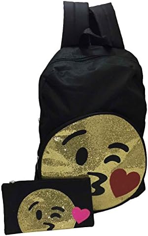 Emoji Backpack With Pencil Case Glitter Face Kissing Face Back To School Bundle