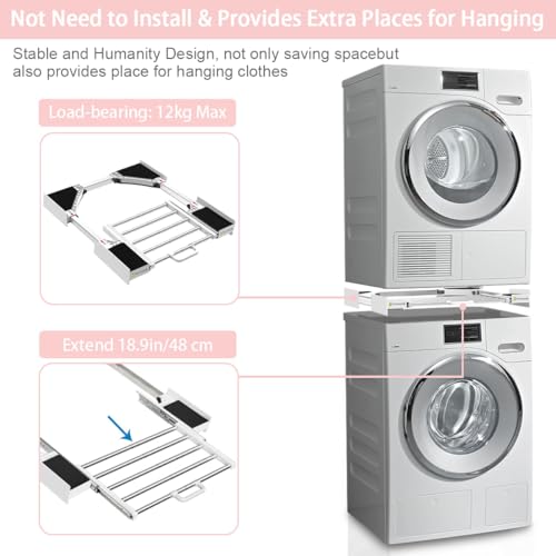 NIUXX Universal Stacking Kit for Washer and Dryer - Adjustable Stacker Frame for 53-68 cm Tumble Washing Machine - Stackable Sliding Shelf with Ratchet Ropes & Anti Vibration Feet