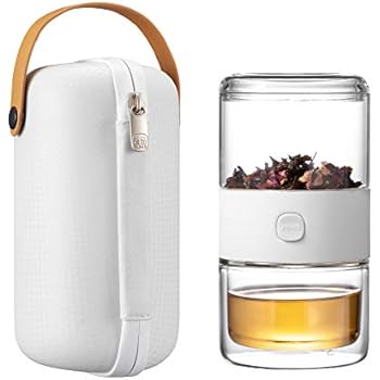 ZENS Travel Tea Set, Glass Portable Teapot Infuser Kung Fu Set for One with 200ml Double Wall Teacup and Case for Loose Tea,Travel or Office,White