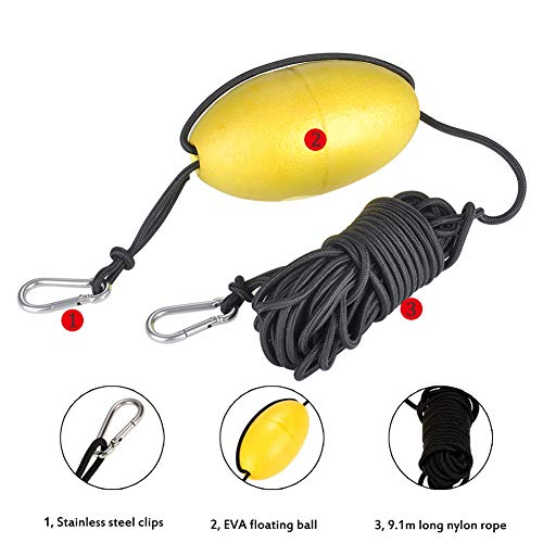 YSUCAU 30 ft Kayak Drift Anchor Tow Rope Tow Line Throw Line with EVA Buoy Steel Clips for Fishing Drift Anchors System