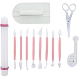ScivoKaval Marshmallow Fondant Cake Decorating Hand Tool 12 Pcs 5 Sets Sugarcraft Gumpaste Icing Smoother Rolling Pin Trimmer Cutter Embosser Flower Scissor Modelling Accessories Supplies Kit Pink