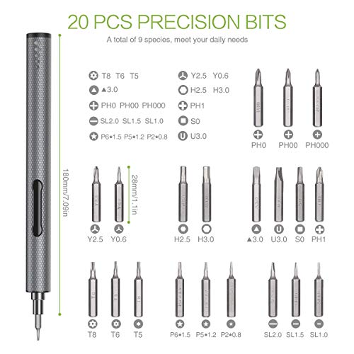 KeeKit Precision Electric Screwdriver, 22 in 1 Portable Power Screwdriver with 20 Bits, Rechargeable Repair Tool Kits with USB Charging, 3 LED Light, Magnetizer for Phones, Watches, Camera, Laptop