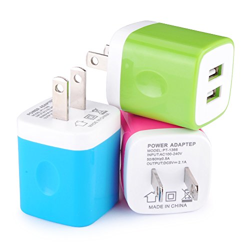 Wall Charger, [3-Pack] 5V/2.1AMP Ailkin Colorful 2-Port USB Wall Charger Home Travel Plug Power Adapter Replacement for iPhone 7/7 plus, 6s/6s plus, Samsung Galaxy S7 S6, HTC, LG, Table, Motorola More