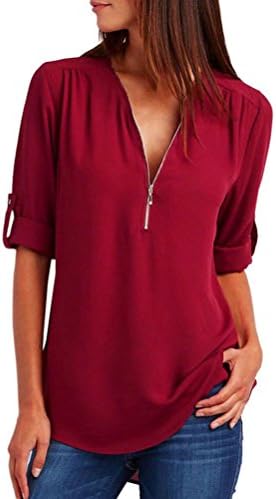 Women T-Shirt Among Fashion Casual Chiffon Tops Loose Top V-Neck Half-Sleeve Zipper Sexy Elegant Blouse Coat (L, Red)
