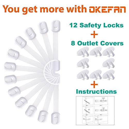 Kitchen Cabinet Locks Child Safety - OKEFAN 20 Pcs Baby Proof Kit Drawer Straps for Kids Bathroom Cupboard Oven Refrigerator Microwave Toilet Latches (White)