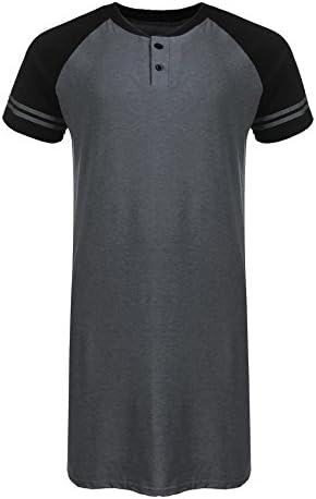 Kisshes Men's Cotton Nightshirt Summer Henley Night Shirt Short Sleeve Nightgown with Buttons Black Navy Blue
