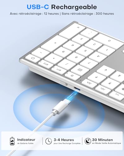 OMOTON Aluminium Wireless Mac Keyboard, 2.4G & Bluetooth (BT1/BT2), AZERTY Backlit Keyboard for Apple Macbook Pro/Air, Mac Mini, iMac, iMac Pro, Silent Rechargeable, Silver