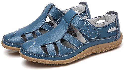 YOOEEN Ladies Soft Leather Sandals Comfortable Flat Shoes Non-Slip Hollow Closed Toe Summer Sandals