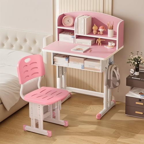Kids Desk and Chair Set, Height Adjustable Children Study Desk Chair Set, Multi Functional Student Writing Desk Table with Drawer Bookstand, Ergonomic Student Learning Table Desk Chair for Girl Boy