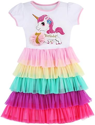 Fubin Girls Unicorn Rainbow Dress Summer Outfit,Birthday7,7-8 Years(Size 140)