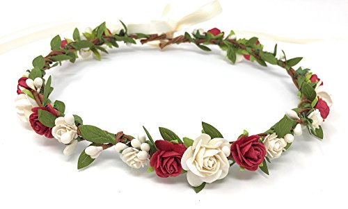Daddasprincess Flower Girl Crown Wedding Boho Headpiece Headband Hair Wreath (Deep red)
