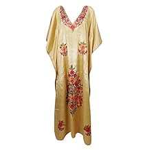 Mogul Interior Womens Caftan Maxi Dress Beige Silk Embroidered Lounger One Size