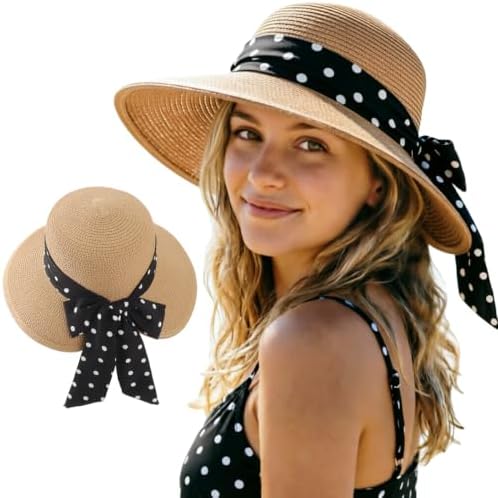 Trendy Apparel Shop Summer Polka Dot Ribbon Band Wide Brim Straw