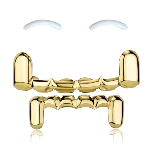 SSyang 18K Hip Hop Teeth Grills for Mouth Braces Decoration with 2 Silicone Moldings Hip Hop Teeth Grills, for Mouth Top Bottom Music Festival Party Rapper Decorations,Water Drop Type (Gold)