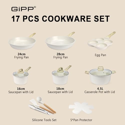 GiPP Ceramic Coating Pots and Pans Set Non Stick - 17Pcs Nonstick Cookware Set, Non-toxic Healthy Kitchen Cooking Set w/Frying Pans Set, Dishwasher Safe, PFAS PTFE PFOA PFOS Free (White)