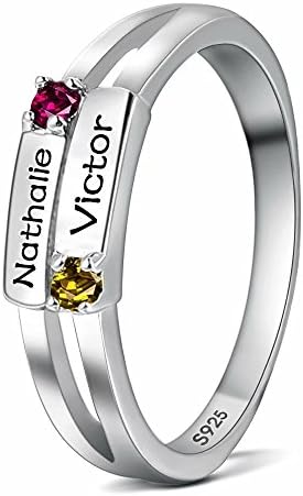 Hua Meng Personalized 2 Simulated Birthstone Mother's Rings Custom 2 Names Friendship Birthstone Rings for Her