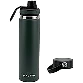 Auryu Olive Green 24oz Triple-Wall Stainless Steel Water Bottle Wide Mouth, Leak Proof Thermos with Bonus Spout Lid BPA-Free Flask for Gym, Hiking, Travel, Hot & Cold Drinks