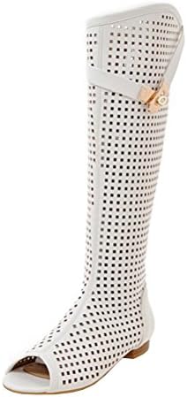 Agodor Womens Flats Peep Toe Knee High Cut Out Summer Boots with Zip Classic Sandals Long Shoes