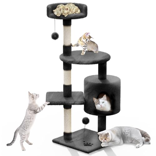 KongJies Torre para Gatos, 4 Niveles Torre Árbol Rascador con Poste Rascador, Torre Pequeño de Gatos con Plataforma Acolchada y Pompón, para Gatos Pequeños Medios (Gris Oscuro)