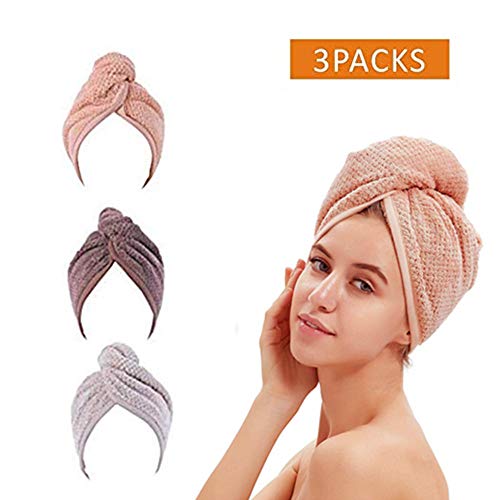 Hair Towel Wrap Microfiber Hair Turban Wrap 3 Pack. Hair Drying Towel with Buttons Dry Hair Hat Bath Hair Cap Unique Design Best Holiday Gifts