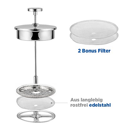 ecooe 1.5L French Press Kaffee Doppelwandiger Kaffeebereiter aus 18/10 Rostenfrei Edelstahl mit 3 Filtern Silber 1500ml – Bild 5