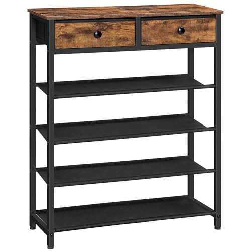 HOOBRO 5 Tier Shoe Racks for Entryway, Free Standing Shoe Shelf with 2 Non-Woven Drawers, Narrow Shoe Rack Shoe Organizer with 4 Oxford Shelves, 12-16 Pair of Shoe, Rustic Brown EBF78XJ01