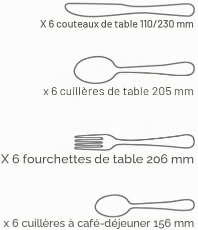 Ensemble de Couverts 24 Pièces. Service Complet pour 6 Personnes. Inclut 6 Cuillères. 6 Couteaux. 6 Fourchettes. 6 Cuillères à Dessert. Série Capri. Couleur Argent
