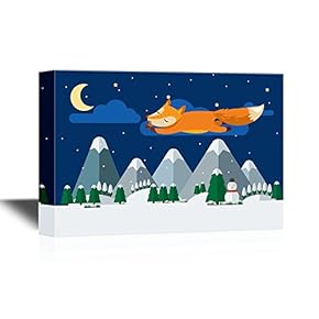 Canvas Wall Art - Cartoon Fox Flying Above The Mountains and Forest at Night - Gallery Wrap Modern Home Art | Ready to Hang - 12x18 inches