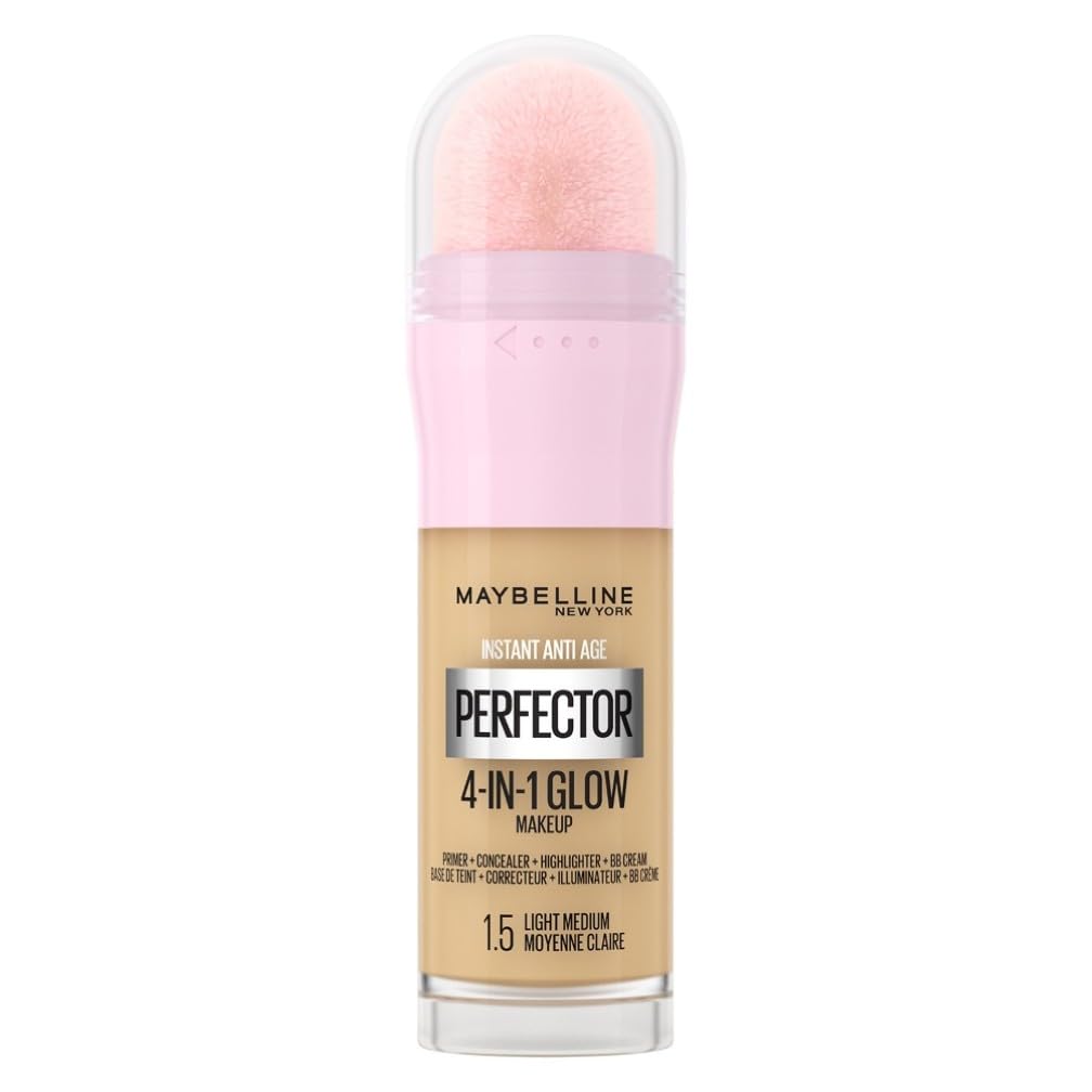 Maybelline New York Instant Anti Age Rewind Perfector, 4-In-1 Glow Primer, Concealer, Highlighter, Self-Adjusting Shades, Evens Skin Tone with a Glow Finish, Shade: 1.5 Light Medium, 20.0 milliliters