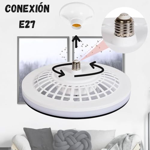 Megaluz LV34W13 Ventilador de techo con luz led y control remoto, 13”, luz blanca fría, neutra y cálida, 6 aspas desmontables, Abanico de techo enchufe E27, 4 velocidades y motor silencioso (Blanco).