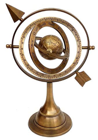 Hanzla Collection11" Antique Brass Armillary Sphere With Sundial Arrow 10.5" Nautical Maritime Engraved Globe