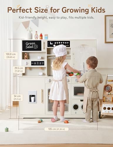 besrey Play Kitchen for Kids, Wooden Kids Play Kitchen Playset with Real Lights & Sounds, Toddler Toy Kitchen with Fun Cookware Accessories, Pretend Play Kitchen Gift for Age 3+