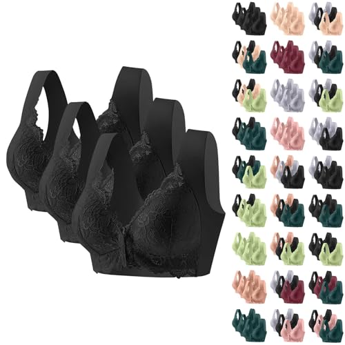 3 Pack Front Fastening Bras for Women UK Plus Size Non Wired Push Up Bras for Women Stretch Breathable Leisure Women's Everyday Bra Solid Colour Soft and Comfortable Ladies Sports Bra Black