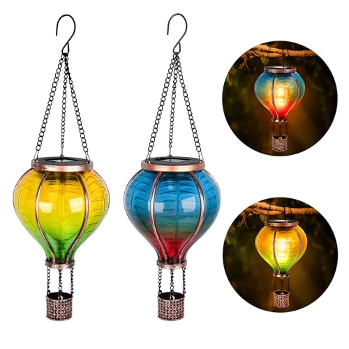 IEEILULU 2 x Solar Hot Air Balloons, Garden Decoration for Outdoor Use with Decorative Flame Effect, Lightzone Solar LED Hot Air Balloon, Solar Lantern for Outdoor Patio, Balcony, Stake Path, Lawn