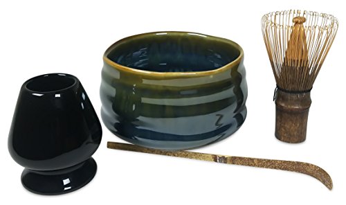 Matcha Tea Set with Matcha Bowl, Whisk and Stand for Traditional Japanese Tea Ceremony or Everyday Use by Princeton Wares. (Earth and Sea)