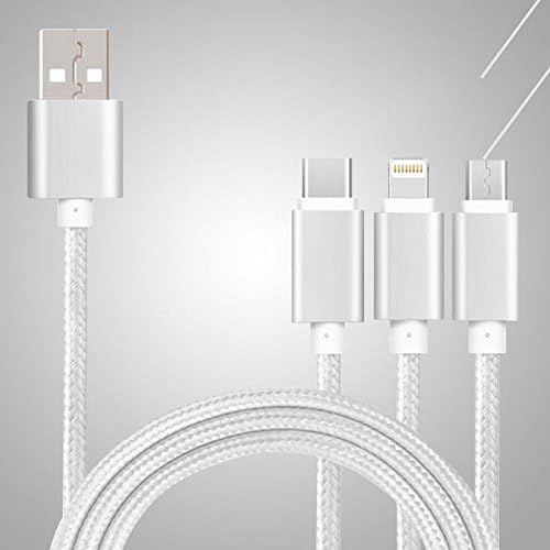 USB cable Premium quality usb charging cable USB 3 in 1 multiple nylon braided fast charging cable USB type c cable 8 pin usb lightning cable micro usb cable For iPhone and Android (White)