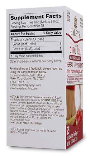 HYLEYS SLIM TEA GOJI BERRY FLAVOR – WEIGHT LOSS HERBAL SUPPLEMENT CLEANSE AND DETOX – 25 TEA BAGS (1 PACK)